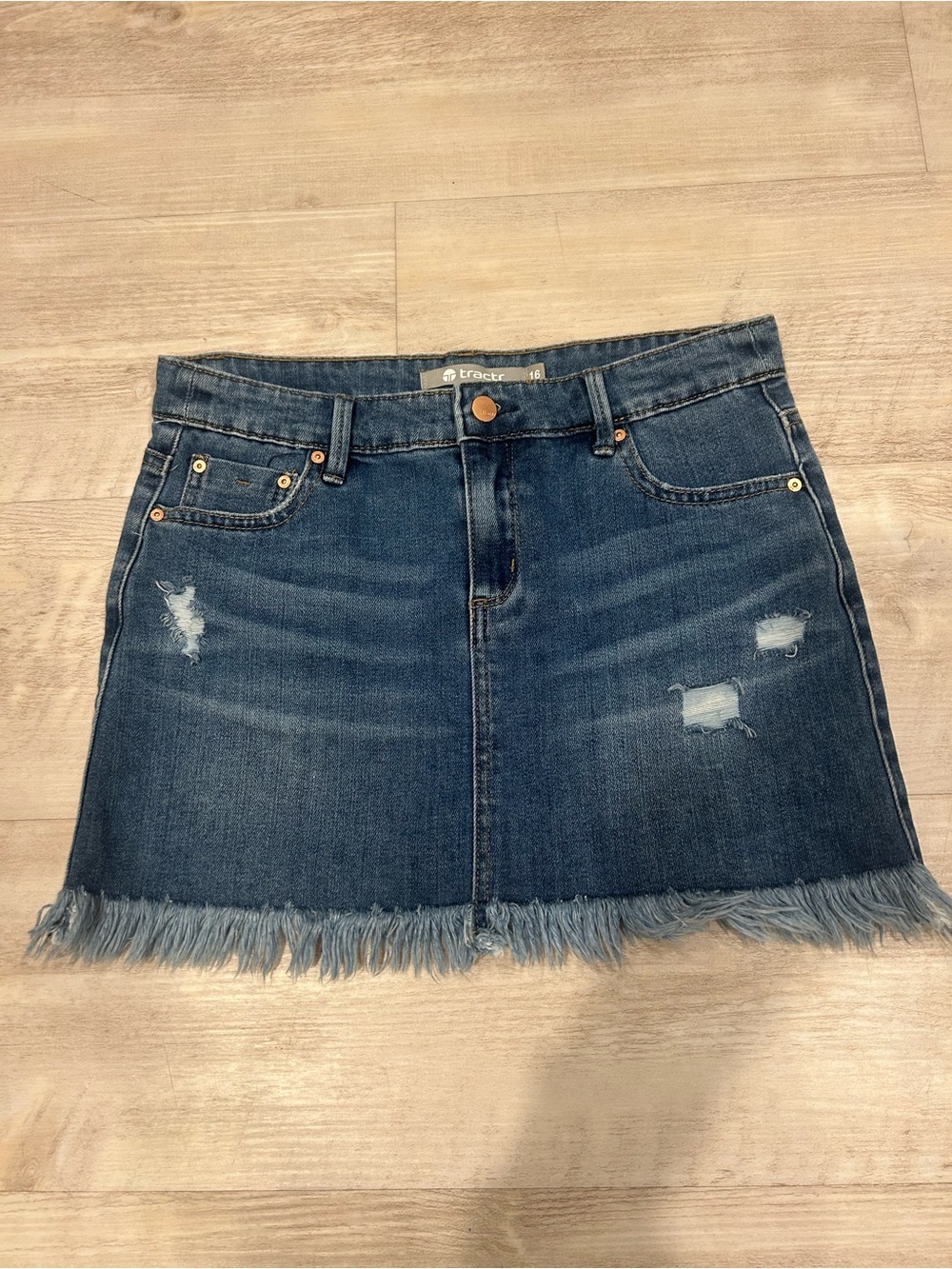 Tractr Dark Blue Distressed Denim Mini Skirt with Frayed Hem